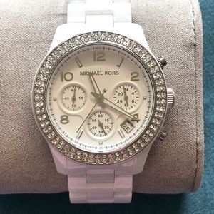 Michael Kors women’s white ceramic “Runway”  Chrystal watch